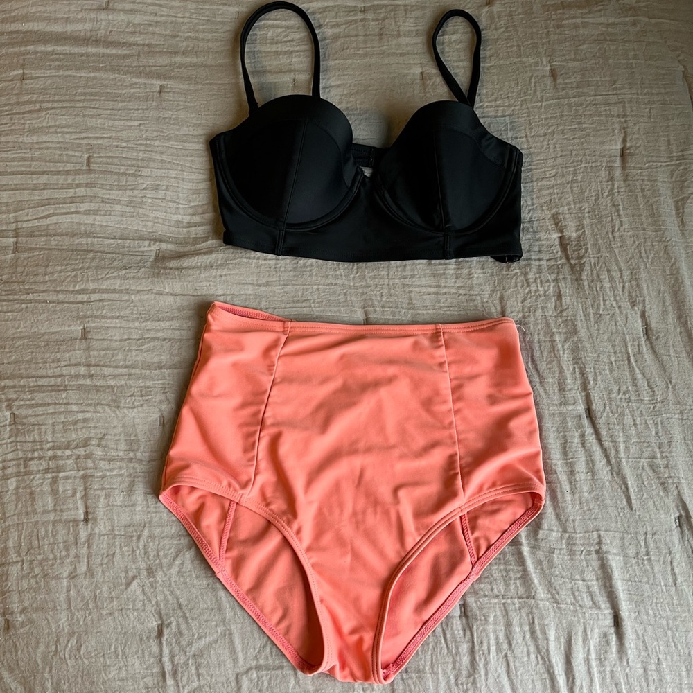 Black and peach high wasited swim suit set